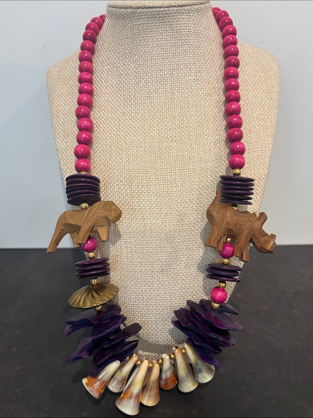 Hand-Carved Elephant Wood & Pink Bead Statement Necklace